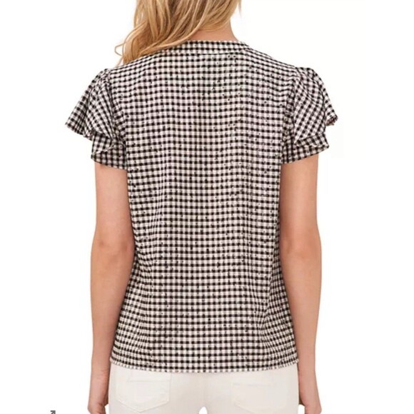 CeCe NEW Black White Gingham Flutter Short Sleeve V Neck Top Size Medium - Picture 3 of 14